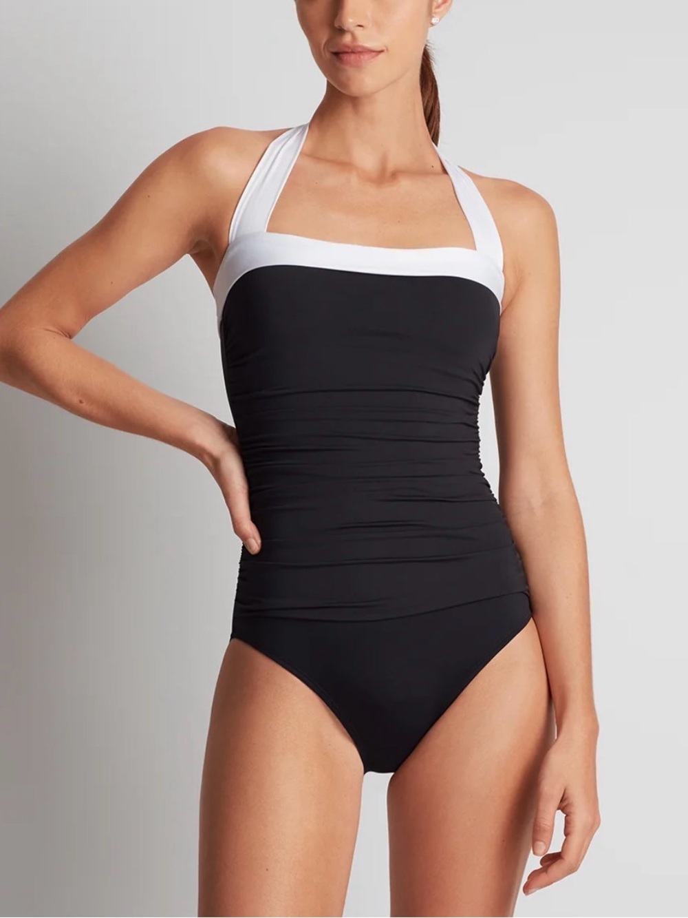 Lauren Ralph Lauren Black One-Piece Swimsuit with White Halter Trim